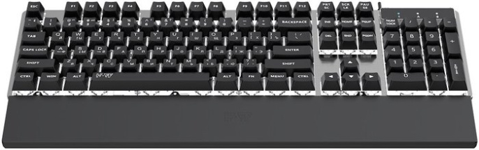 Клавиатура HAFF Gravix (KBD-GK150) (мембранная, проводная: USB, алюминиевая панель, подставка под запястье, RGB- подсветка, 1.6 м плетеный кабель, цвет: серебристый)