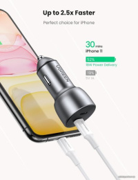 Автомобильное зарядное устройство UGREEN CD213 70594 USB-C PD+USB-C PD 50W Fast Car Charger. Цвет: серый космос