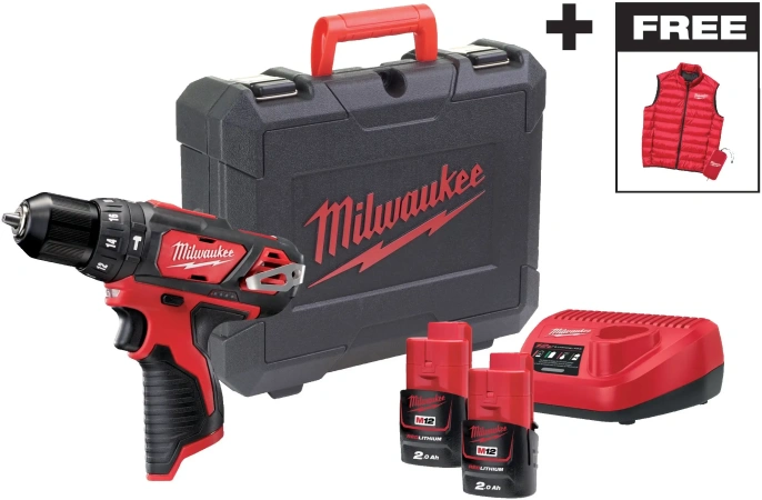 Промо-набор Milwaukee M12 BPDMC-202C (4933499465) (включает: дрель-шуруповерт M12 BPD-202С, 2 аккумулятора M12 B2, зарядное устройство С12С, пуховый жилет Milwaukee)