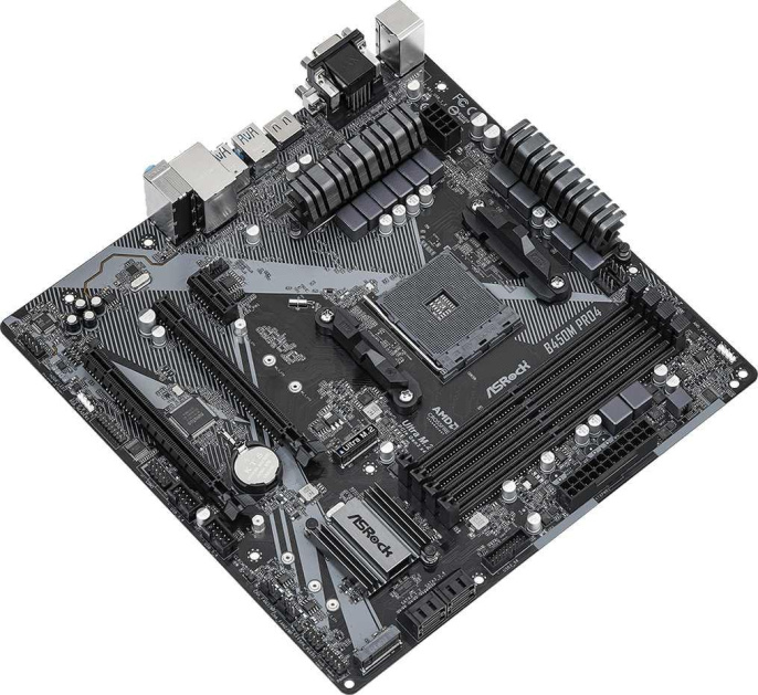 Материнская плата Asrock B450M PRO4 R2.0 Soc-AM4 AMD B450 4xDDR4 mATX AC`97 8ch 7.1 GbLAN RAID+VGA+DVI+HDMI