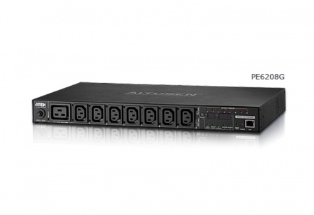 ATEN PE6208G-ATA-G Устройство распределения питания, с управлением, 16A, 3.84kW, 8 портов, 1 банк, IP доступ, ввод C20, 7*C13+1*C19;монитор. V / A / кВт / кВт·ч по банку/устройству;вкл/выкл по портам;без шнуров