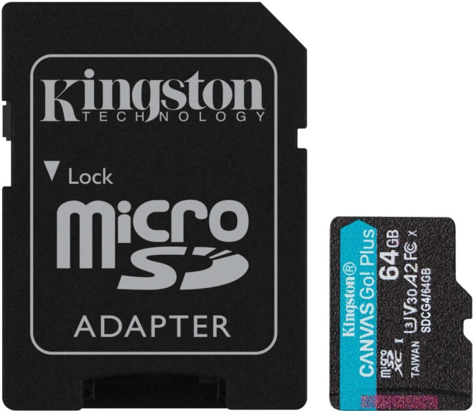 Карта памяти Kingston SDCG4/64GB  SecureDigital Micro 64GB microSDXC Canvas Go Plus Gen4 200MB/s A2 U3 V30 Card + Adapter (4K UHD Video)