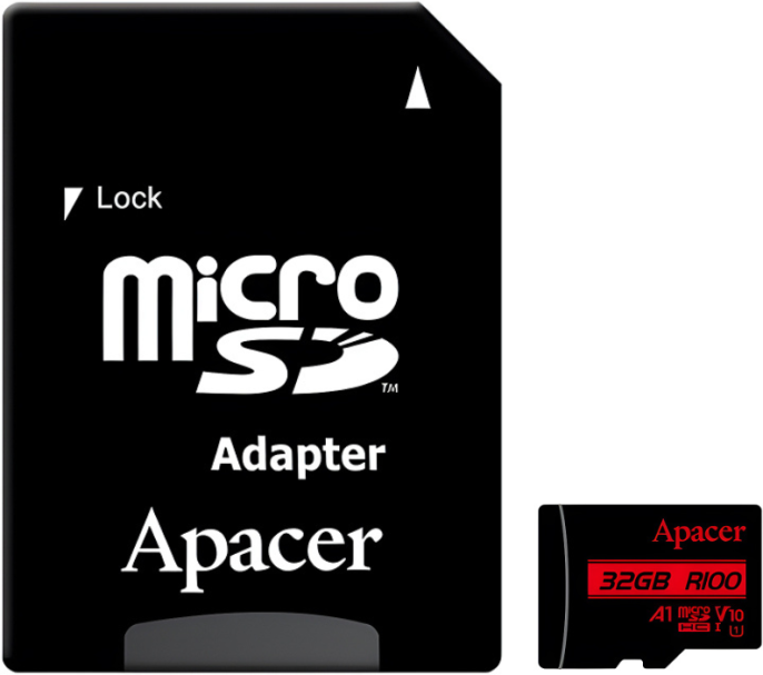 Карта памяти Apacer 32GB AP32GMCSH10UB-R microSDHC, класс 10, UHS-I класс U1 , V10, A1, скорость чтения: 100МБ/с, с адаптером