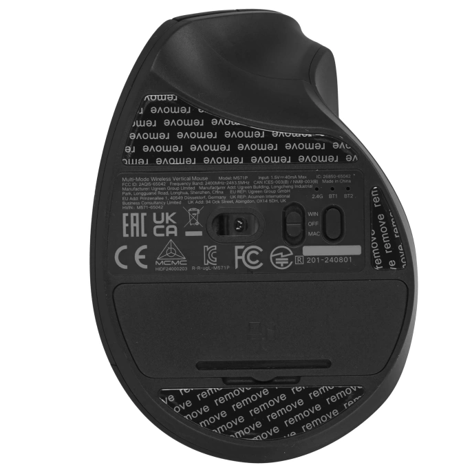 Беспроводная вертикальная мышка UGREEN M571P 65042 Wireless Vertical Mouse 2.4GHz & Bluetooth. Цвет: черный