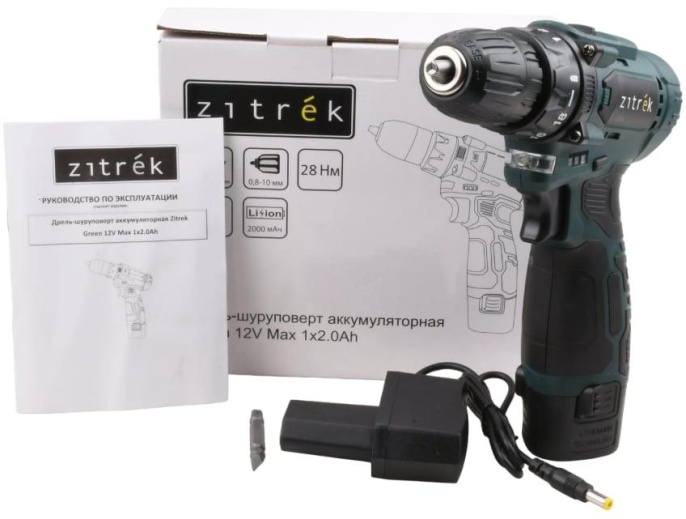 Дрель-шуруповерт ZITREK Green 12V Max, 2Ач, с одним аккумулятором [085-1015]