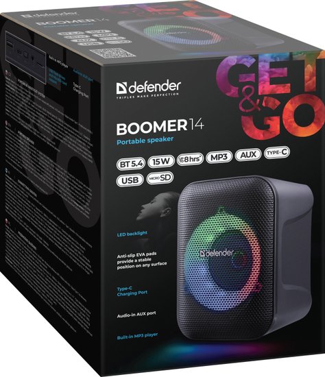 Колонка портативная DEFENDER Boomer 14 (Бумер 14) черный (15Вт, USB, Bluetooth, питание от аккумулятора) (65114)