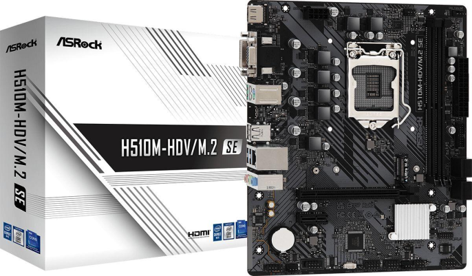 Материнская плата ASRock H510M-HDV/M.2 SE Soc-1200 H470 PCI-Ex16 PCI-Ex1 M.2 RAID 0/1/5/10 2xDDR4 3200MHz VGA+DVI+HDMI mATX RTL