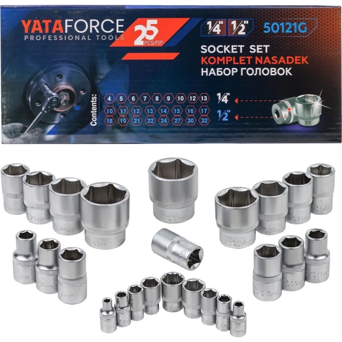 Головки 1/4"DR, 1/2"DR, набор 25 предметов, 6-гр YATAFORCE YF-50121G(57685)