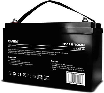 Батарея SVEN SV 121000 (12V 100Ah), напряжение 12В, емкость 100А*ч, макс. ток разряда 1000А, макс. ток заряда 30А, свинцово-кислотная типа AGM, тип клемм B5, Д/Ш/В 307/168/211мм, 30кг