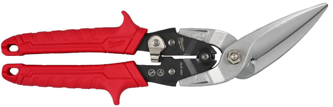 Ножницы по металлу Milwaukee 4932499022 длинные офсетные левые, зазубренные режущие кромки, торсионная пружина, механизм блокировки одной рукой, смещенные, тройная маркировка направления резки, эргономичные и прочные литые ручки, цветовой код: желтый