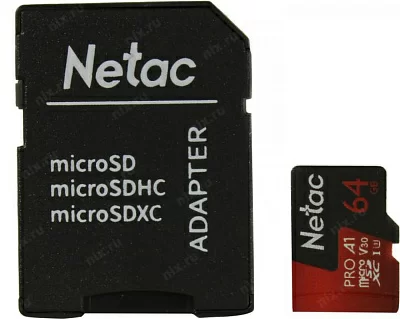 Карта памяти Netac NT02P500PRO-064G-R microSDXC Memory Card 64Gb A1 V30 UHS-I U1 + microSD-- SD Adapter
