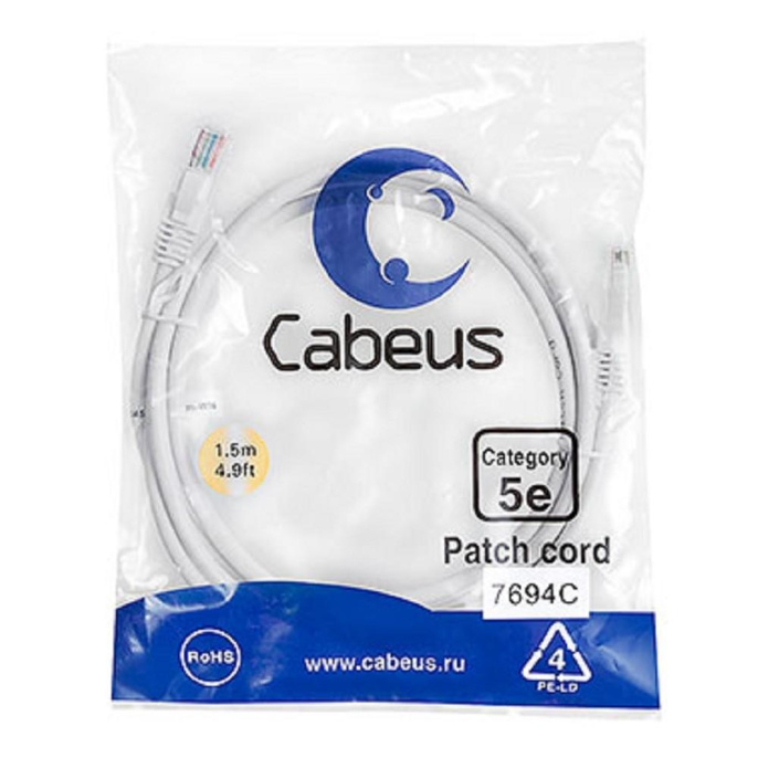 Патч-корд Cabeus PC-UTP-RJ45-CAT.5E-1.5M-WH U/UTP RJ-45 вил.-вилка RJ-45 кат.5E 1.5м белый ПВХ