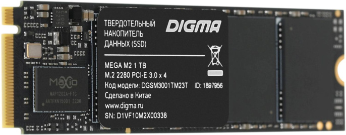 SSD накопитель Digma Mega M2 DGSM3001TM23T 1ТБ, M.2 2280, PCIe 3.0 x4, NVMe, M.2, rtl