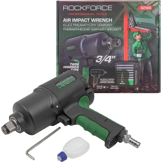 Пневмогайковерт ударный Rockforce Twin Hammer с реверсом и регулировкой усилия в облегченном корпусе 3/4(1800Hм, 7000 об/мин,6.3bar,269л/мин,вес 3кг) RF-82566(48142)