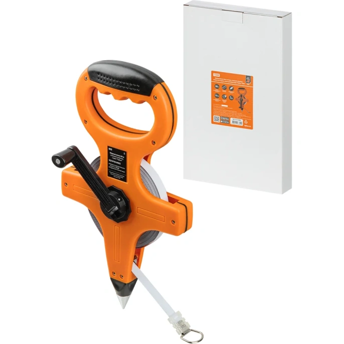 Измерительная геодезическая рулетка TDM ELECTRIC 50 метров х 13 мм, стальное полотно, открытый корпус, штык для фиксации "Рубин" SQ1018-0402