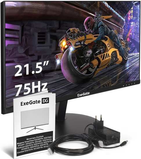 Монитор с аудио 21.5" ExeGate SmartView EP2207A (IPS LED Grade A+, FHD, 1920x1080@75Гц, 16:9, 250cd/m2, 1000:1, 178°/178°, 3-5ms, Speakers, D-Sub, HDMI 2.0, DisplayPort, audio-out, FreeSync, Flicker-free, Low Blue Light, кабель HDMI 1.5м, VESA, регулировк