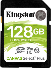 Карта памяти SDXC UHS-I U3 Kingston Canvas Select Plus 128 ГБ, 100 МБ/с, Class 10, SDS2/128GB,  1 шт., без адаптера