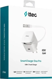 Сетевое зарядное устройство TTEC 2SCG05B SmartCharger Duo GAN 65W PD Travel Fast Charger USB-C со встроенным кабелем PD 65W USB-C. Длина кабеля: 70см. Цвет: белый