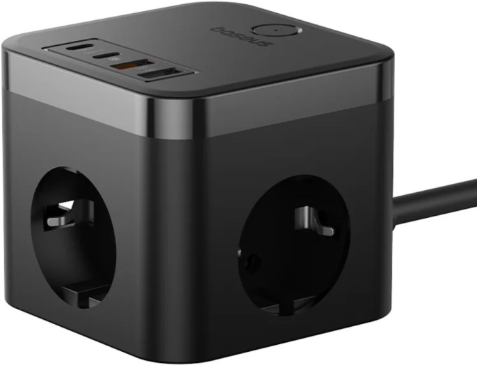 Удлинитель с сетевым зарядным устройством Baseus E00066400117-00 PowerCombo Cube Power Strip 3AC+2U+2C 30W 1.5m EU Cluster Black (BPS30-3E)