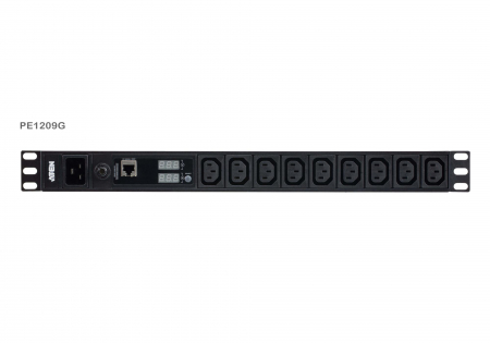 ATEN PE1209G-AT-G Устройство распределения питания, без управления, 16A, 3.84kW, 9 портов, 1 банк, без IP доступа, ввод C20, 9*C13;монитор. тока по банку/устройству и параметров среды через EC1000;без шнуров
