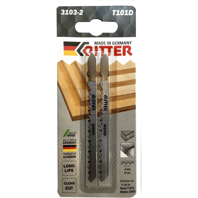 Пилки для лобзиков по дереву Eco Т101D CrV, 100х75 мм, шаг 4 мм/6TPi, 2 шт RITTER PS17131012