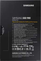 Накопитель SSD SAMSUNG 500Gb 980 M.2 2280, PCI-E Gen3 x4, NVMe, R/W 3100/2600MB/s, 300TBW MZ-V8V500BW