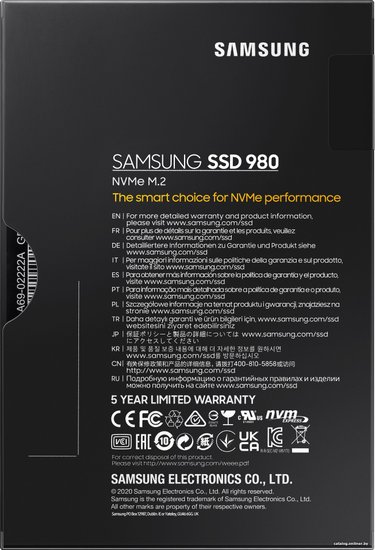 Накопитель SSD SAMSUNG 500Gb 980 M.2 2280, PCI-E Gen3 x4, NVMe, R/W 3100/2600MB/s, 300TBW MZ-V8V500BW