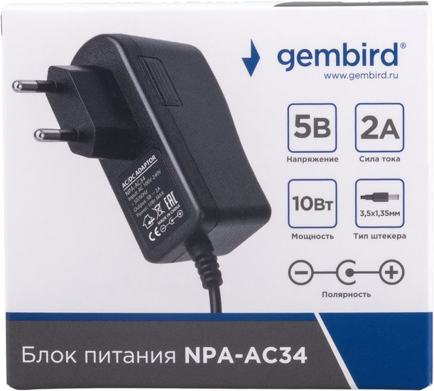 Блок питания Gembird NPA-AC34  5В/2А, 10Вт, 1 штекер 3.5х1.35мм, черный NPA-AC34