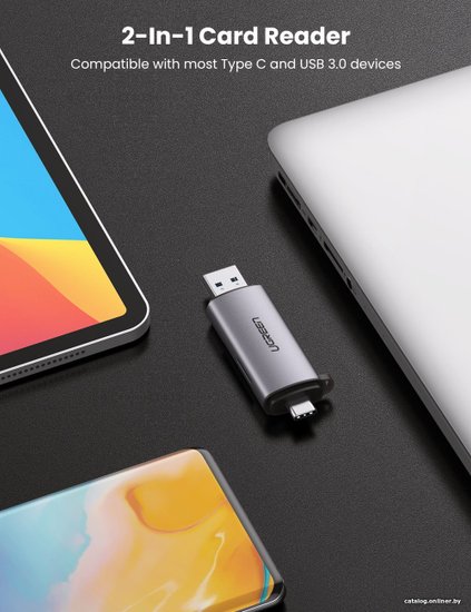 Карт-ридер Ugreen CM185 50706 переносной, поддержка: SD, SDHC, SDXC, microSD, microSDHC, microSDXC, MMCmicro, RS-MMC, порты USB, разъем подключения к устройству USB 3.2 Gen1 Type-A (5 Гбит/с)/USB 3.2 Gen1 Type-C (5 Гбит/с), цвет серебристый