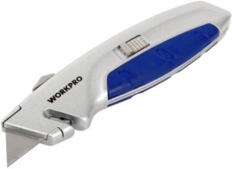 Нож строительный WorkPro WP213024 выдвижной, корпус из литого под давлением алюминия с удобным захватом, выемка для резки шпагата в ручке