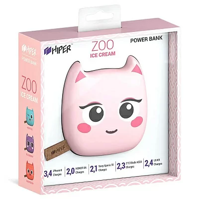 Внешний аккумулятор HIPER zoo ice cream li-pol 8000mah 2.4a+1.5a 2xusb, розовый