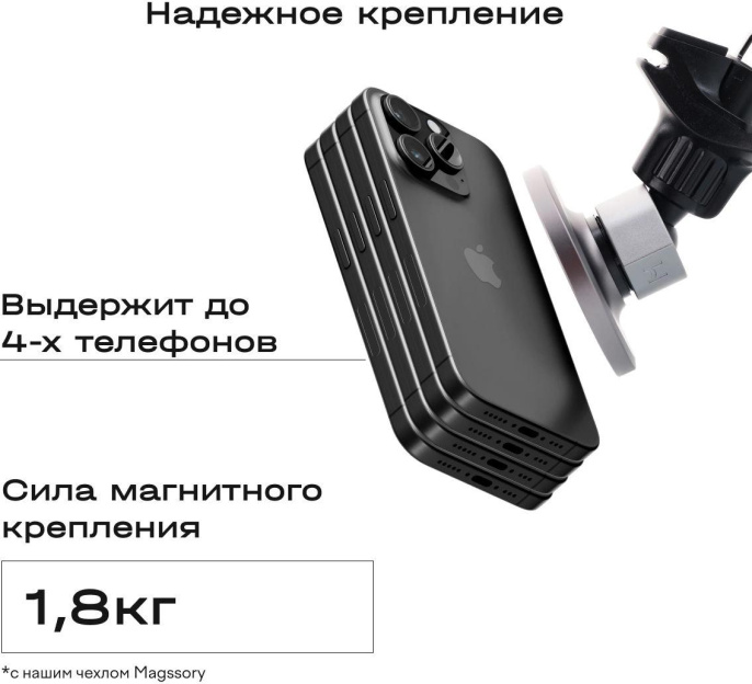 Держатель Magssory KIT002 магнитный беспров.з/у. серый для смартфонов