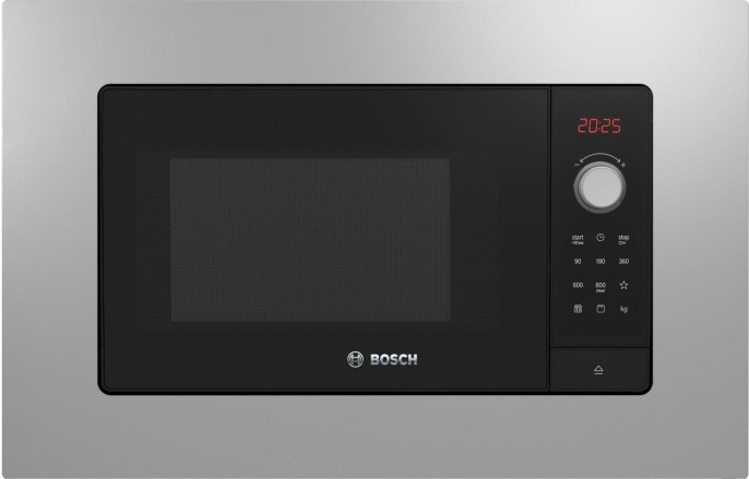 Встраиваемые микроволновые печи BOSCH Serie 2, c грилем, нержавеющая сталь, микроволны до 800 Вт, 5 ступеней мощности микроволн, поворотный переключатель, 8 автоматических программ, память на одну пользовательскую программу BEL653MS3