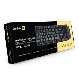 Комплект ExeGate Professional Standard Combo MK110 (клавиатура мультимедийная влагозащищенная 104кл. + мышь оптическая 1000dpi, 3 кнопки и колесо прокрутки, длина кабелей 1,5м; USB, черный, Color Box) EX295302RUS