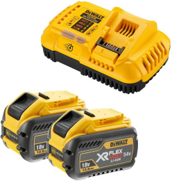 Энергокомплект DeWalt DCB118Y2-QW набор из АКБ 2шт и ЗУ, напряжение аккумулятора: 18/54В, емкость аккумулятора: 12/14А·ч, ток заряда: 8А, устройство аккумулятора: слайдер, тип аккумулятора: Li-Ion, индикатор заряда, защита от перегрева