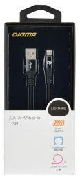 Кабель Digma Lightning (m) -  USB (m),  2м,  2A,  черный [light-2m-braided-blk]