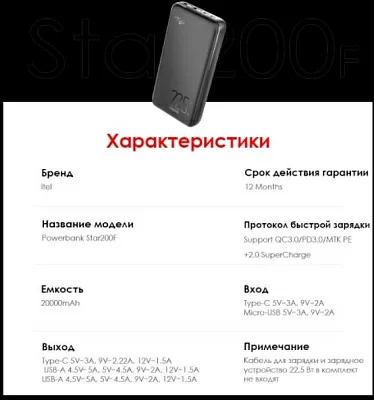 Мобильный аккумулятор Itel Star 200F 20000mAh 5A черный