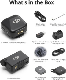 Радиосистема DJI Mic Mini (2TX + 1RX) DM3050 электретный (малый конденсатор), петличный/портативный, для интервью и репортажей/для смартфонов, круговая направленность, 20-20000 Гц, разъем подключения USB Type-C/3.5 мм, радиус действия 400 м
