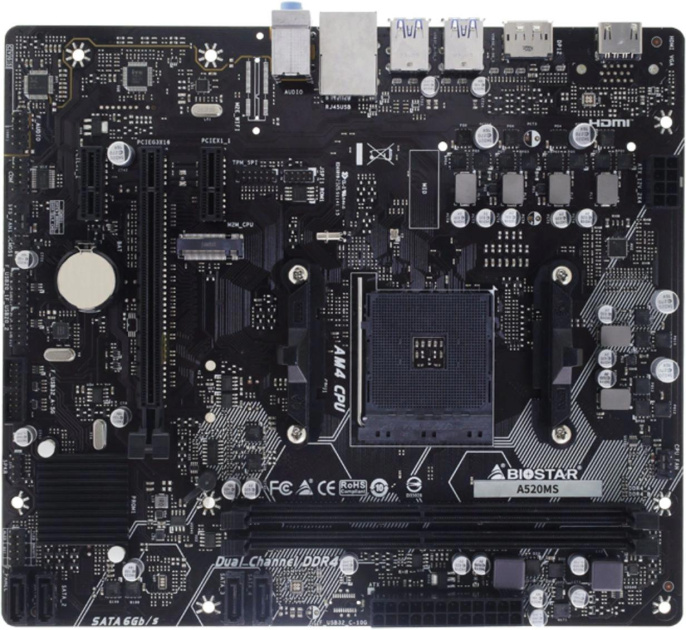 Материнская плата Biostar A520MS Soc-AM4 AMD A520 2xDDR4 mATX AC`97 8ch 7.1 GbLAN RAID+HDMI+DP