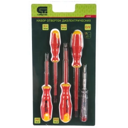 Набор диэлектрических отверток до 1000В, тестер, CrV, двухкомпонентные рукоятки, 5шт СИБРТЕХ 12937