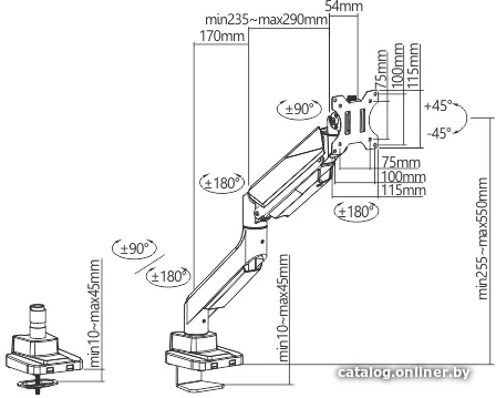 Кронштейн для монитора ErgoSmart Heavy-Duty серебристый, 1 монитор, 17-49", настольный, регулировка высоты/поворота, VESA75/100