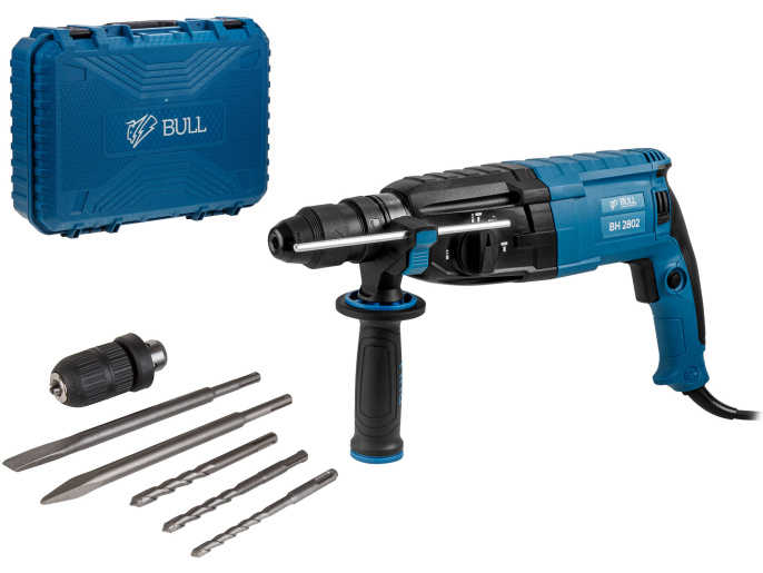 Перфоратор BULL BH 2802 в чем. 850 Вт, 3.2 Дж, 28 мм, 4 реж. + 2 зубила, 3 сверла, БЗП в комплекте 0329082