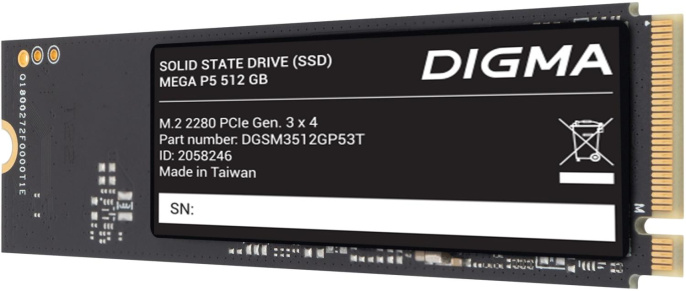 SSD накопитель Digma Mega P5 DGSM3512GP53T 512ГБ, M.2 2280, PCIe 3.0 x4, NVMe, M.2, rtl