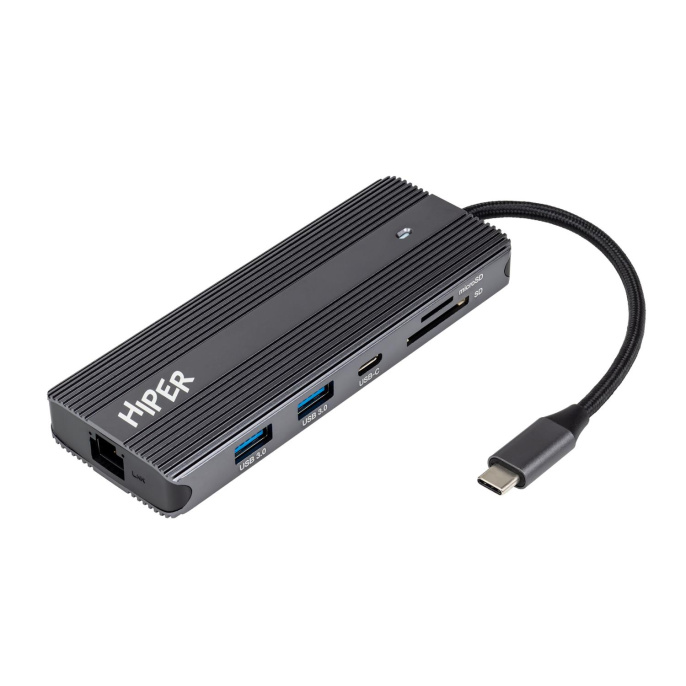 Док-станция Docking station HIPER USB-C HUB 11in1 1*USB-C 100W PD, 1*HDMI 4K@60Hz, 2*DP 4K@60Hz, 2*USB-A 3.0 5Gbps data , 1*USB-C 3.0 5Gbps data , 1*microSD, 1*SD, 1*3.5mm audio, 1*RJ45 Gb