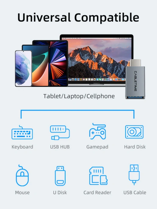 Адаптер CABLETIME CP76G (CT-C160-PU33-CMAF(OTG)-AS) USB-C Male to USB3.0 Female OTG. Алюминий