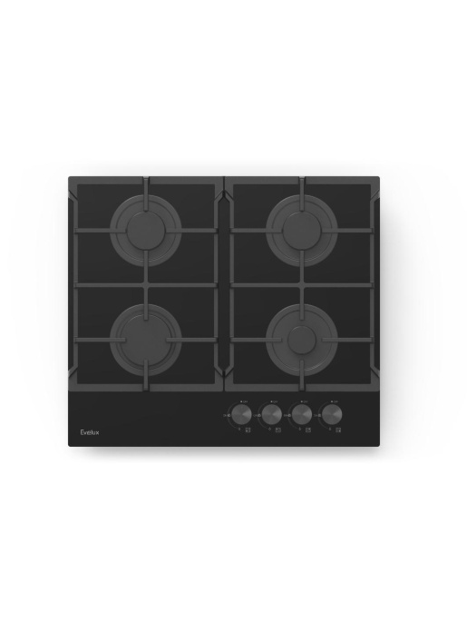 Газовая варочная панель EVELUX, Hi-Tech, 60 см, 4 конфорки, чугунные решетки, газ-контроль, электроподжиг, механическое управление, поверхность из закаленного стекла, цвет черный