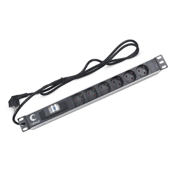 Cabeus PDU-6P-B-2EU Блок распределения питания для 19" шкафов, горизонтальный, 6 розеток, автомат защиты 16 A , шнур 2м, алюминиевый корпус, немецкий стандарт