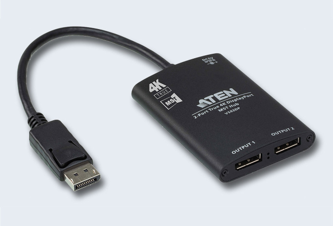 Разветвитель, электрон. ATEN VS92DP-AT, DisplayPort, 1 2 устройства, 3 м. макс.разр.до 3840x2160 60Гц/30Гц 4:4:4 8 бит один выход/два выхода режим MST/SST , F, без шнуров, USB power, max data rate 21.6 гбит/с;DP 1.2/HDCP1.3