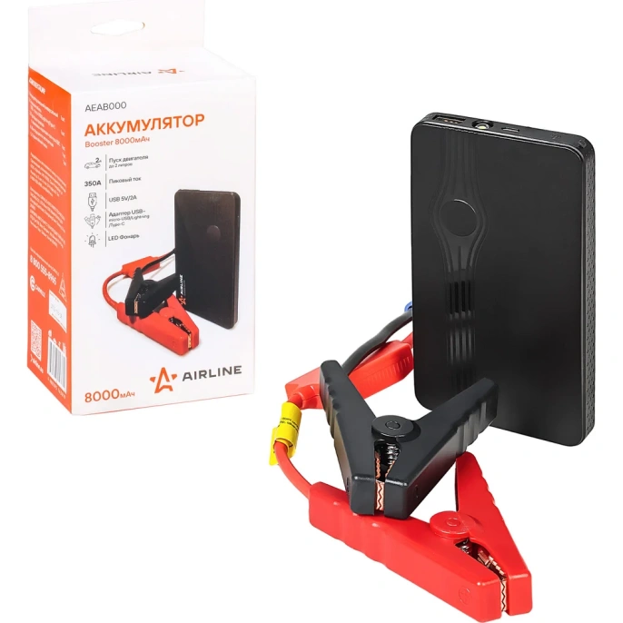 Внешний аккумулятор Airline универсальный Booster 8000мАч: USB 5V/2A, пуск ДВС 350А, фонарь AEAB000