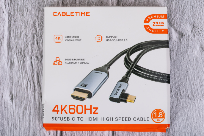 Кабель CABLETIME CC11K (CT-C160-PU31-CMRHD1-S1.8) 1.8 м, USB TYPE C - HDMI 90° 4K/60 Гц